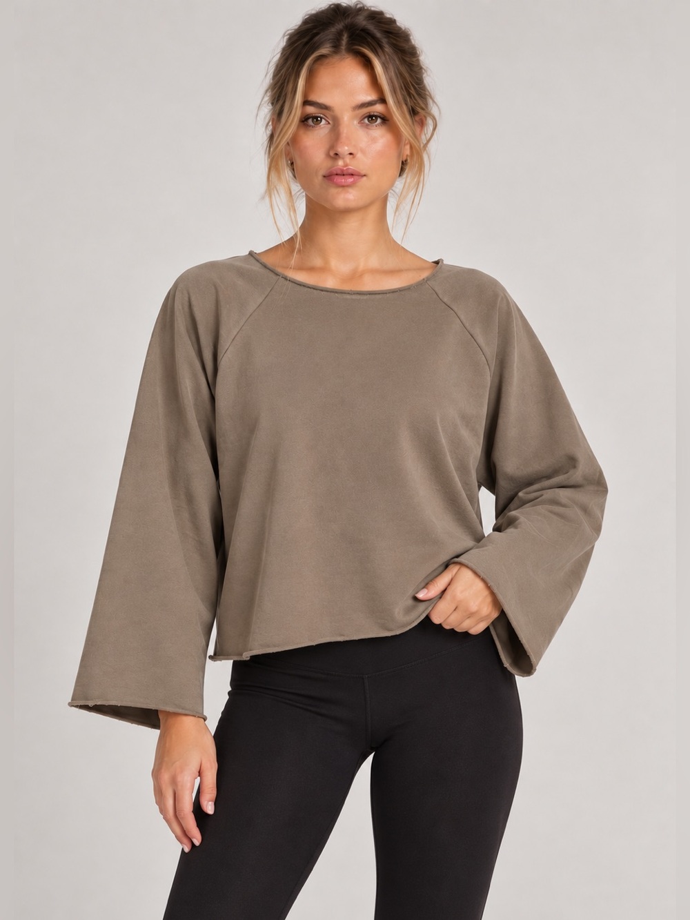 Missguided Large Sweatshirt Brown Raw Hem Neck Long Sleeve Top Boho Lagenlook L